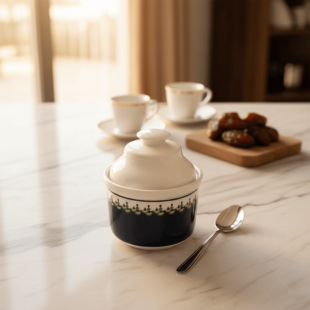 Luhpar White Ceramic Sugar Jar with Elegant Navy Blue Pattern and Lid for Kitchen and Dining Use – 10 cm - Al Kabayel Discount CentreLuhpar White Ceramic Sugar Jar with Elegant Navy Blue Pattern and Lid for Kitchen and Dining Use – 10 cmJars & Food SaversLUHPARAl Kabayel Discount Centre