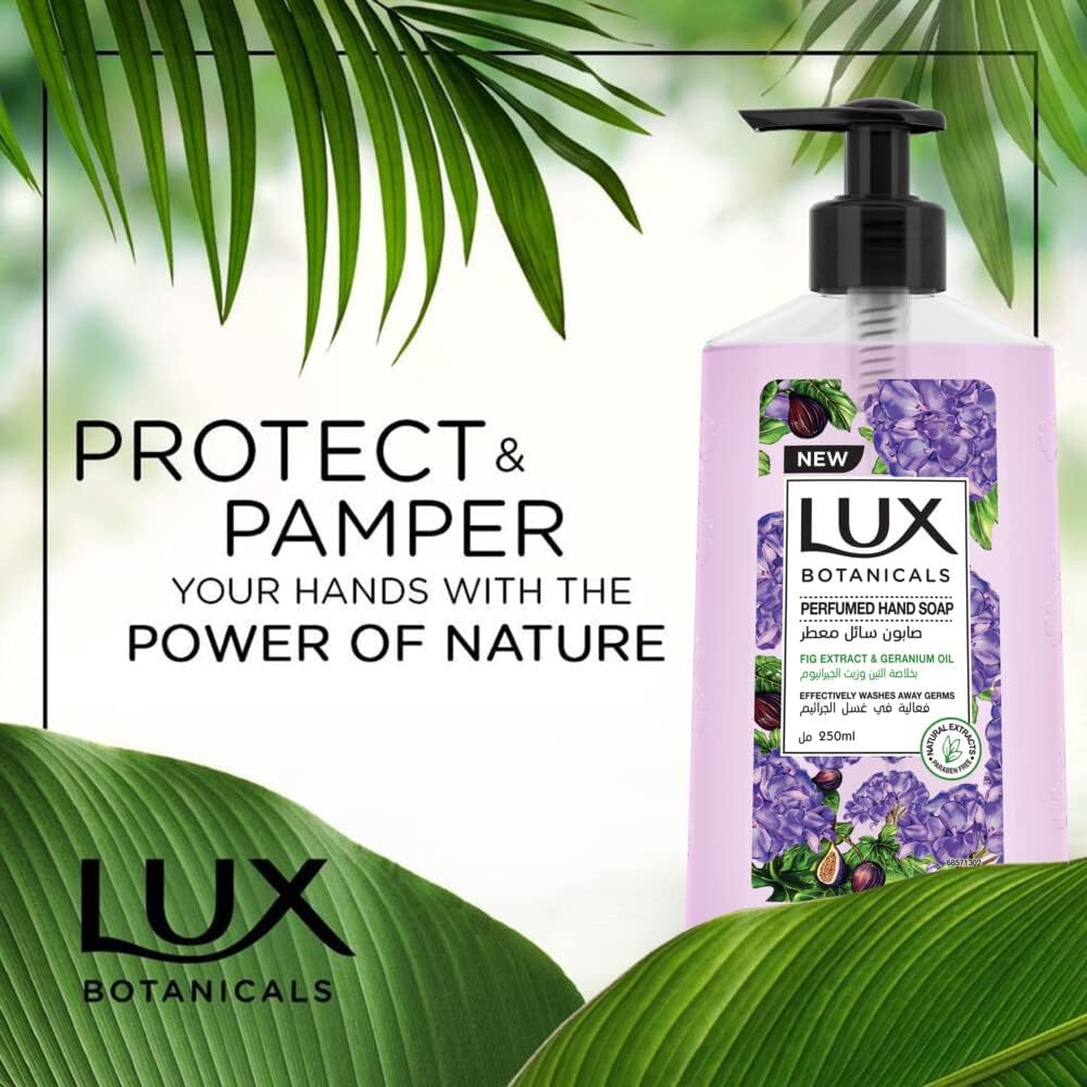 LUX Botanicals, Perfumed Hand Wash, For all skin types, Fig Extract & Geranium Oil, Hygiene properties to effectively wash away germs, 250ml - Al Kabayel Discount CentreLUX Botanicals, Perfumed Hand Wash, For all skin types, Fig Extract & Geranium Oil, Hygiene properties to effectively wash away germs, 250mlHandwashLUXAl Kabayel Discount Centre