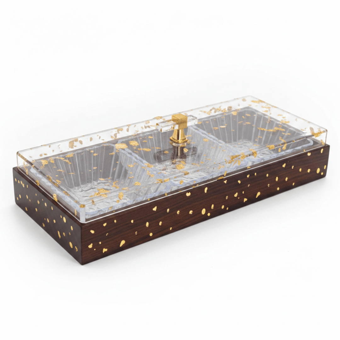 Luxury 3 - Piece Acrylic Candy Serving Bowl | Gold Leaf Resin Lid | Dark Mahogany Wooden Tray | 36×13 cm - Al Kabayel Discount CentreLuxury 3 - Piece Acrylic Candy Serving Bowl | Gold Leaf Resin Lid | Dark Mahogany Wooden Tray | 36×13 cmJars & Food SaversAKDCAl Kabayel Discount Centre