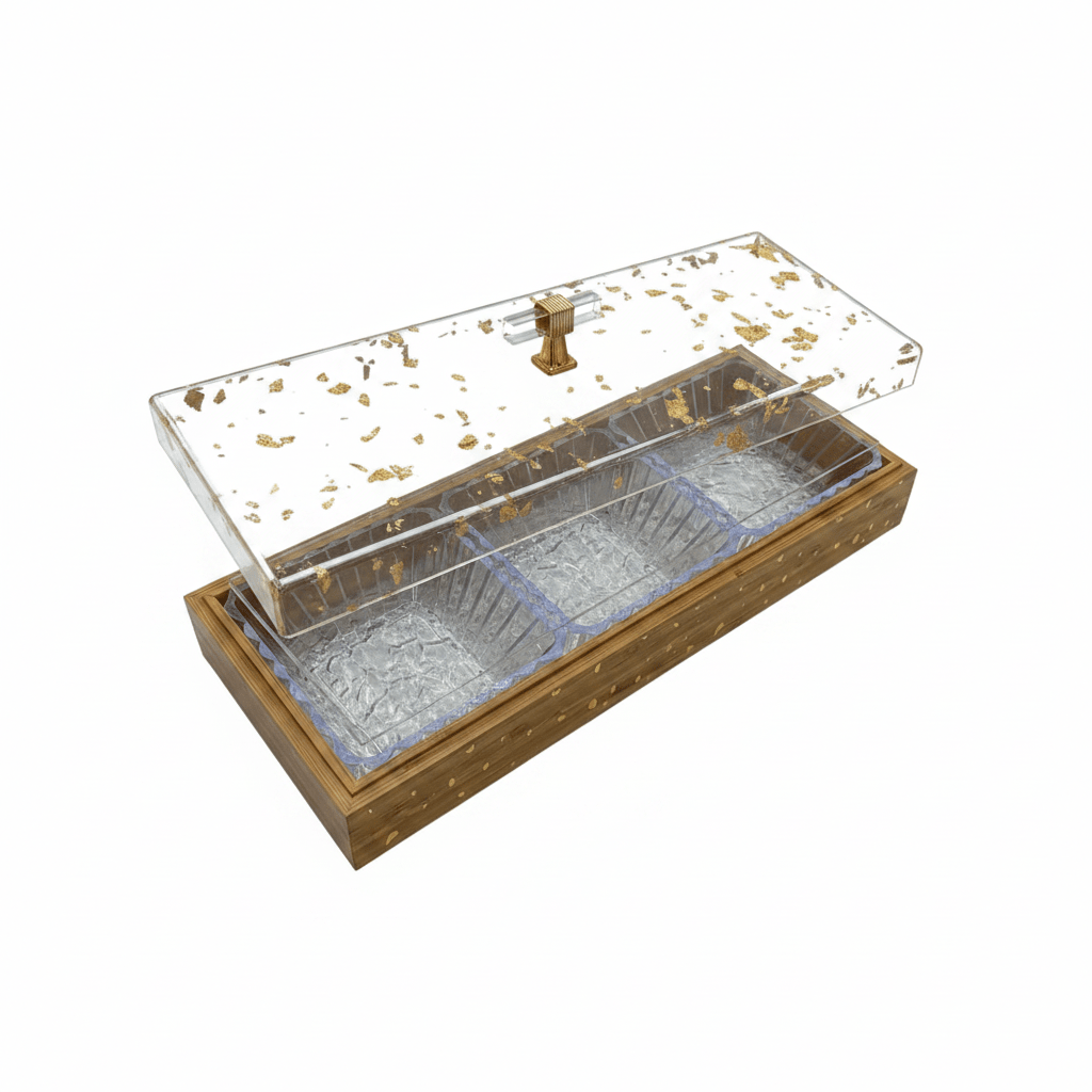 Luxury 3 - Piece Acrylic Crystal Candy Bowl Set | Rectangular Honey Brown Wooden Tray with Gold Flake Acrylic Lid | 36×13 cm - Al Kabayel Discount CentreLuxury 3 - Piece Acrylic Crystal Candy Bowl Set | Rectangular Honey Brown Wooden Tray with Gold Flake Acrylic Lid | 36×13 cmJars & Food SaversAKDCAl Kabayel Discount Centre