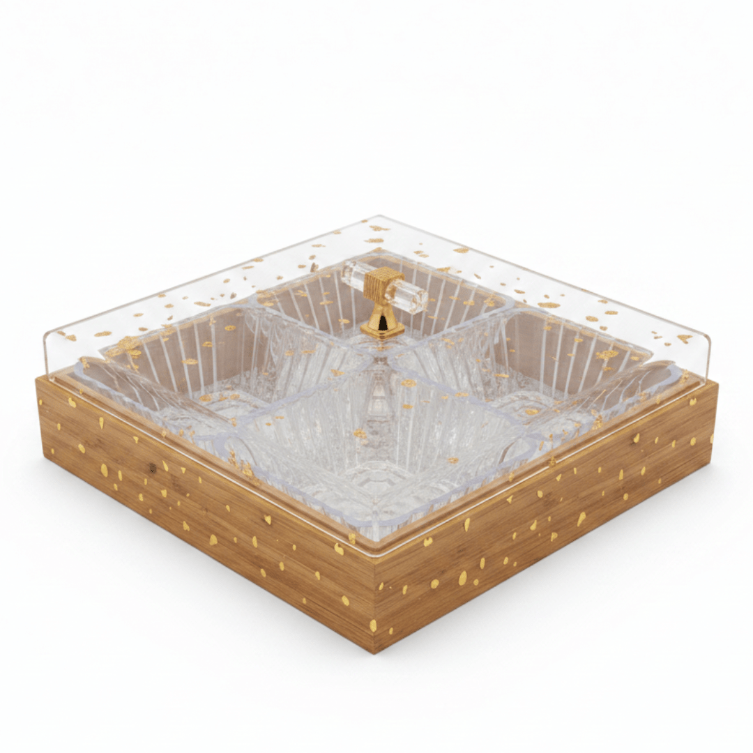 Luxury 4 - Piece Crystal Acrylic Candy Bowl Set with Gold Flake Lid & Square Wooden Tray | 24×24cm - Al Kabayel Discount CentreLuxury 4 - Piece Crystal Acrylic Candy Bowl Set with Gold Flake Lid & Square Wooden Tray | 24×24cmJars & Food SaversAKDCAl Kabayel Discount Centre