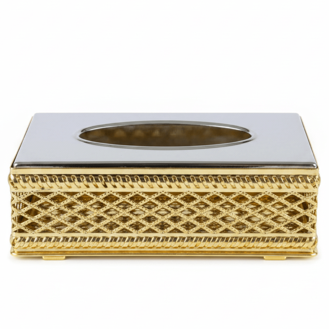 Luxury Gold & Silver Metal Tissue Box Holder with Elegant Decorative Pattern – Premium Tabletop Tissue Organizer 22×12 cm - Al Kabayel Discount CentreLuxury Gold & Silver Metal Tissue Box Holder with Elegant Decorative Pattern – Premium Tabletop Tissue Organizer 22×12 cmNapkin Holders & Tissue BoxAKDCAl Kabayel Discount Centre