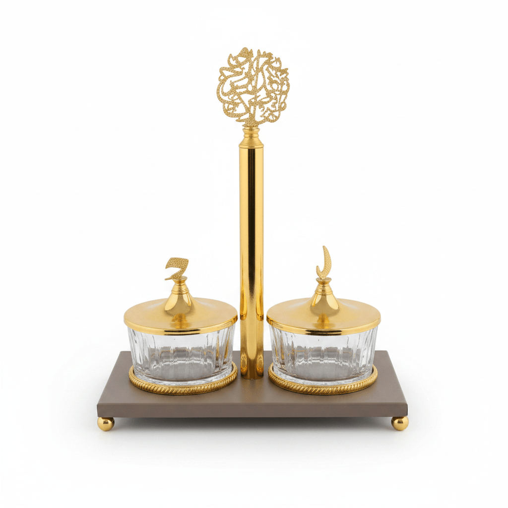 Luxury Majlis 2 - Section Glass Candy Serving Bowl with Brown Metal Stand & Premium Gold Lid – Elegant Dry Fruit and Chocolate Server 25×13 cm - Al Kabayel Discount CentreLuxury Majlis 2 - Section Glass Candy Serving Bowl with Brown Metal Stand & Premium Gold Lid – Elegant Dry Fruit and Chocolate Server 25×13 cmJars & Food SaversAKDCAl Kabayel Discount Centre