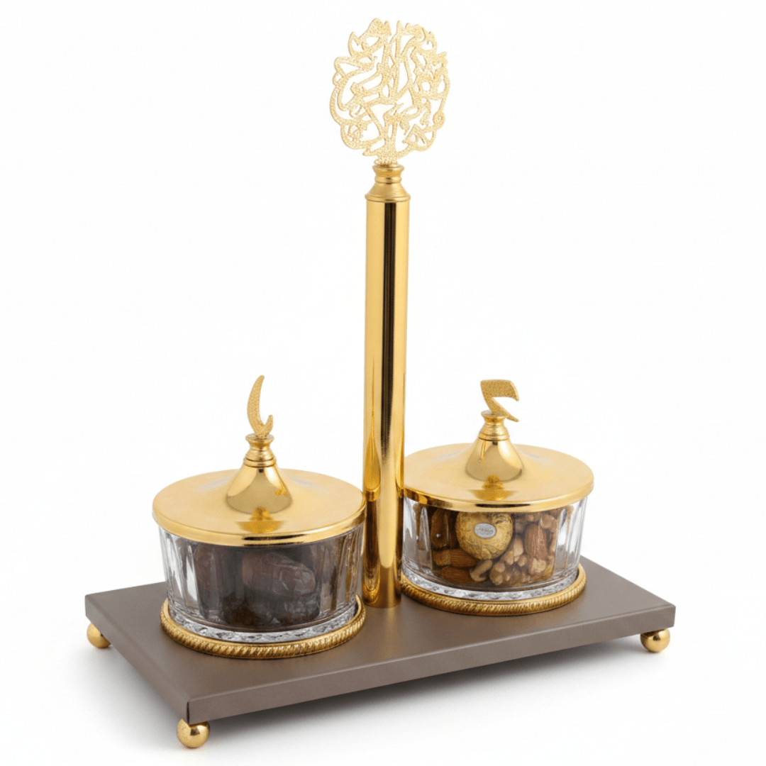 Luxury Majlis 2 - Section Glass Candy Serving Bowl with Brown Metal Stand & Premium Gold Lid – Elegant Dry Fruit and Chocolate Server 25×13 cm - Al Kabayel Discount CentreLuxury Majlis 2 - Section Glass Candy Serving Bowl with Brown Metal Stand & Premium Gold Lid – Elegant Dry Fruit and Chocolate Server 25×13 cmJars & Food SaversAKDCAl Kabayel Discount Centre