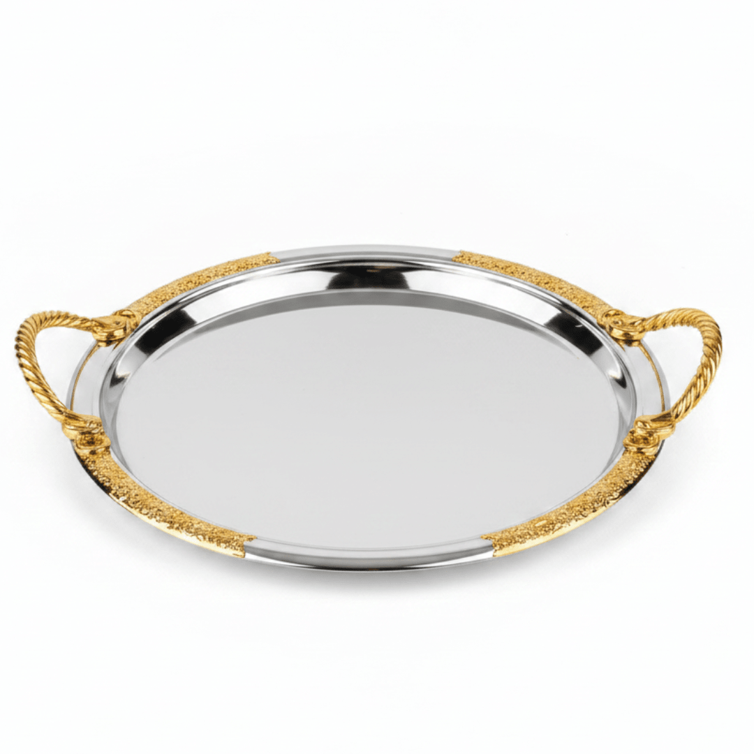 Luxury Round Silver Serving Tray with Gold Rope Handles — 30cm | Premium Arabic Hospitality Tableware - Al Kabayel Discount CentreLuxury Round Silver Serving Tray with Gold Rope Handles — 30cm | Premium Arabic Hospitality TablewareServing TraysAKDCAl Kabayel Discount Centre