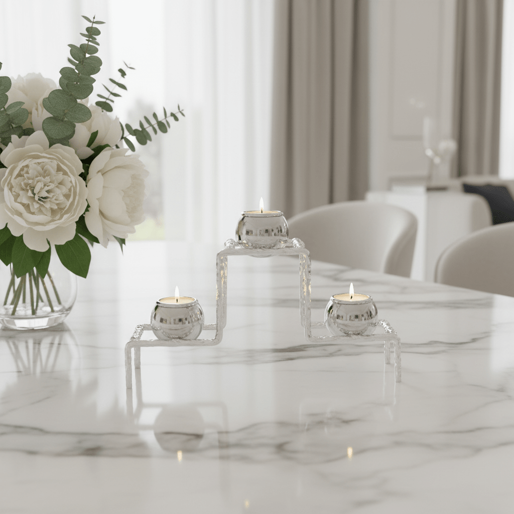 Luxury Silver & White Elegant 3 - Way Metal Candle Holder for Premium Table Décor – 20cm - Al Kabayel Discount CentreLuxury Silver & White Elegant 3 - Way Metal Candle Holder for Premium Table Décor – 20cmHome Décor AccentsAKDCAl Kabayel Discount Centre