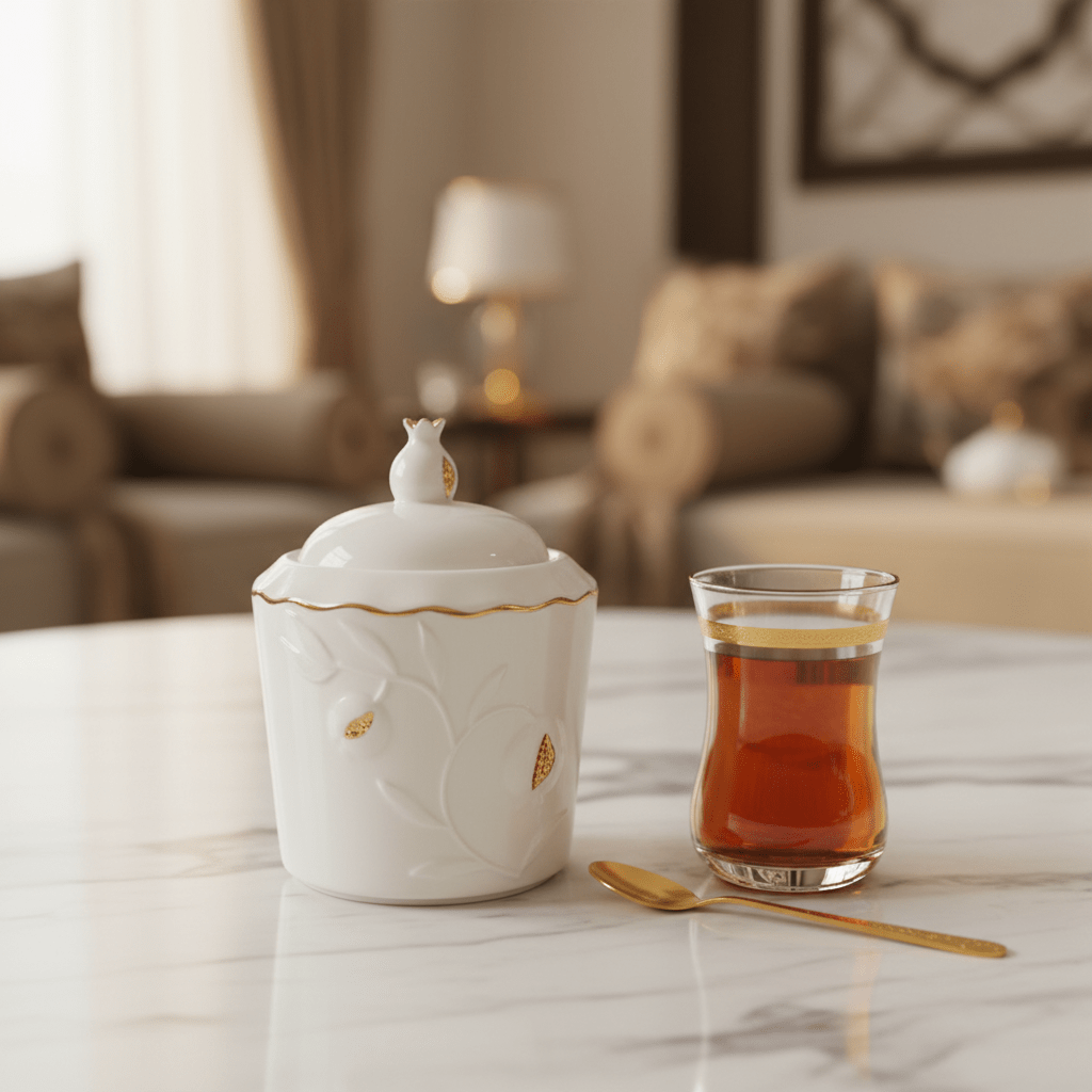 Luxury White Ceramic Sugar Pot with Elegant Gold Trim Design and Fitted Lid – Compact Tabletop Storage Jar (10×8 cm) - Al Kabayel Discount CentreLuxury White Ceramic Sugar Pot with Elegant Gold Trim Design and Fitted Lid – Compact Tabletop Storage Jar (10×8 cm)Jars & Food SaversAKDCAl Kabayel Discount Centre