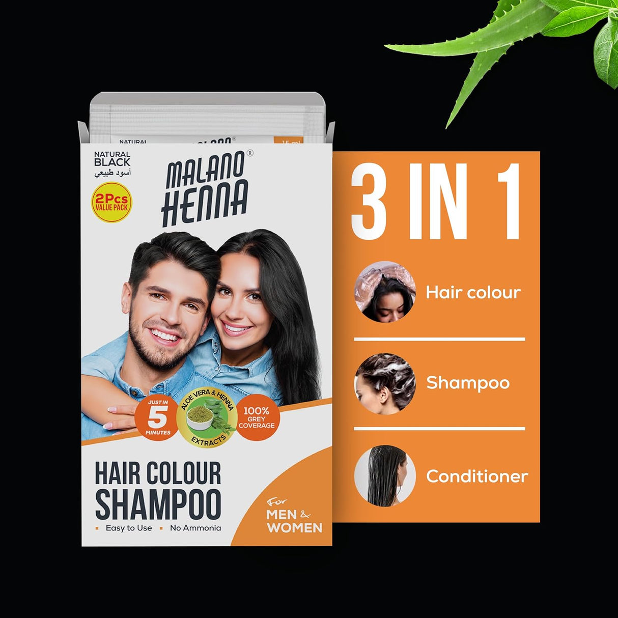 Malano Henna Hair Colour Shampoo Natural Black, Aloe vera & Henna Extract, 100% Grey Coverage, No Amonia, Works in Just 5 Mins, Easy to Use - 2x15ML - Al Kabayel Discount CentreMalano Henna Hair Colour Shampoo Natural Black, Aloe vera & Henna Extract, 100% Grey Coverage, No Amonia, Works in Just 5 Mins, Easy to Use - 2x15MLHair CareMALANO HENNAAl Kabayel Discount Centre