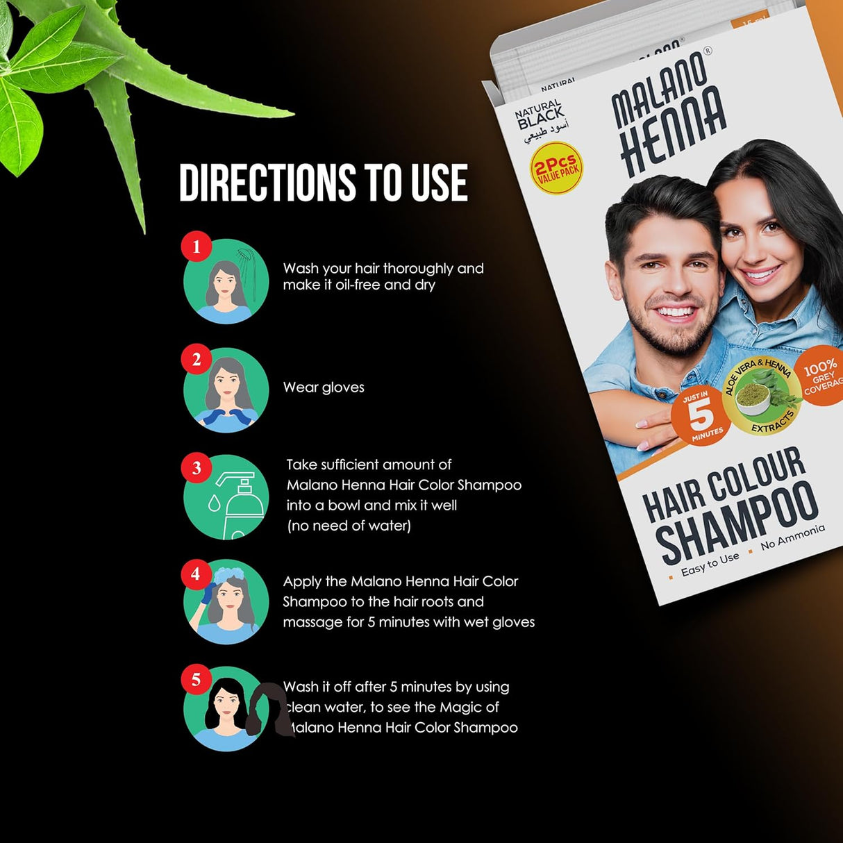 Malano Henna Hair Colour Shampoo Natural Black, Aloe vera & Henna Extract, 100% Grey Coverage, No Amonia, Works in Just 5 Mins, Easy to Use - 2x15ML - Al Kabayel Discount CentreMalano Henna Hair Colour Shampoo Natural Black, Aloe vera & Henna Extract, 100% Grey Coverage, No Amonia, Works in Just 5 Mins, Easy to Use - 2x15MLHair CareMALANO HENNAAl Kabayel Discount Centre