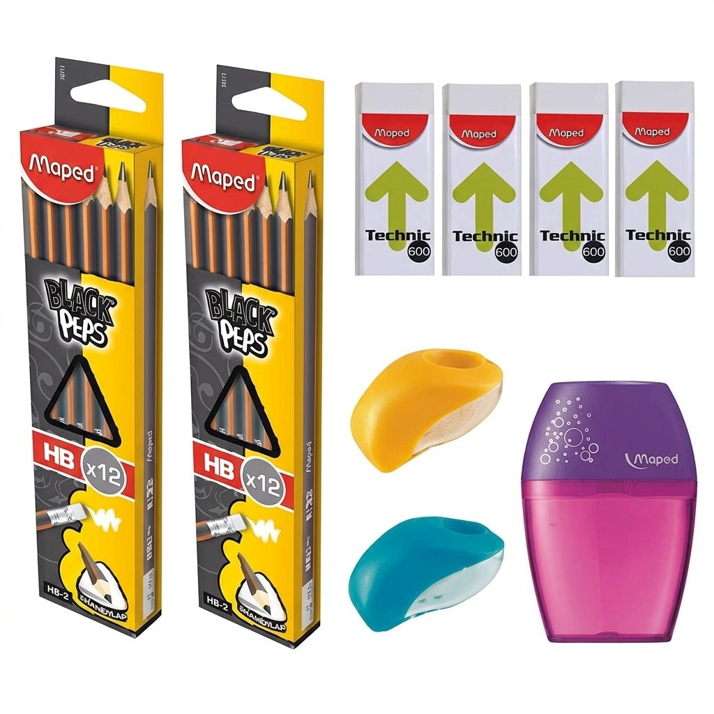 Maped Black Peps HB Pencils, Technic Erasers & Sharpeners Bundle Set Assorted Colors - Al Kabayel Discount CentreMaped Black Peps HB Pencils, Technic Erasers & Sharpeners Bundle Set Assorted ColorsStationeryMAPEDAl Kabayel Discount Centre