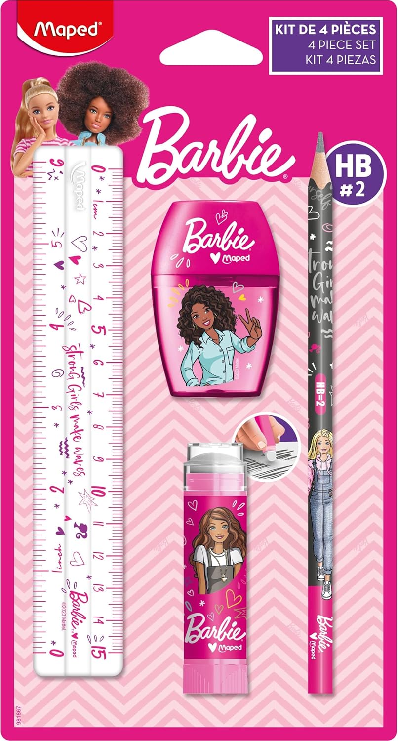 Maped - Writing set, school set, Barbie, 4Pcs. - Includes ruler, pencil, sharpener and eraser - Al Kabayel Discount CentreMaped - Writing set, school set, Barbie, 4Pcs. - Includes ruler, pencil, sharpener and eraserPens, Pencils & MarkersMAPEDAl Kabayel Discount Centre