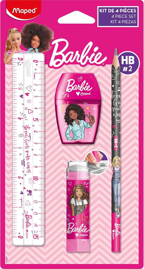 Maped - Writing set, school set, Barbie, 4Pcs. - Includes ruler, pencil, sharpener and eraser - Al Kabayel Discount CentreMaped - Writing set, school set, Barbie, 4Pcs. - Includes ruler, pencil, sharpener and eraserPens, Pencils & MarkersMAPEDAl Kabayel Discount Centre