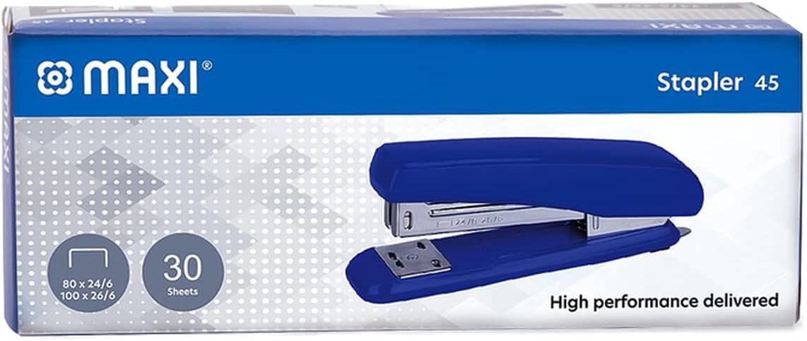 Maxi 45 Stapler 30 Sheets Compatible Staple 26/6 & 24/6 - Blue Color - Al Kabayel Discount CentreMaxi 45 Stapler 30 Sheets Compatible Staple 26/6 & 24/6 - Blue ColorPaper Clips, Staples & FastenersMAXIAl Kabayel Discount Centre
