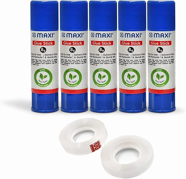 MAXI Glue stick 8G 5pcs and Stationery Tape 18mm 2pcs - Al Kabayel Discount CentreMAXI Glue stick 8G 5pcs and Stationery Tape 18mm 2pcsGlueMAXIAl Kabayel Discount Centre