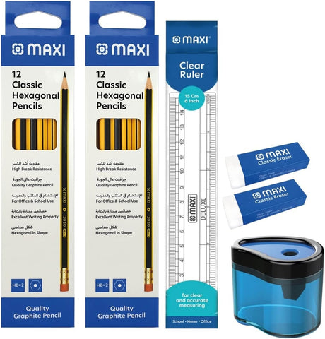 Maxi Hexagonal Black Lead Pencil 12X2Pkt+Plastic Clear Ruler 15Cm+Single Hole Barrel Sharpener + Classic Eraser - 2Pcs - Al Kabayel Discount CentreMaxi Hexagonal Black Lead Pencil 12X2Pkt+Plastic Clear Ruler 15Cm+Single Hole Barrel Sharpener + Classic Eraser - 2PcsPens, Pencils & MarkersMAXIAl Kabayel Discount Centre