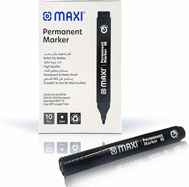 Maxi Permanent Marker With Bullet Tip 10Pc Black. Suitable To Use On Most Surfaces. Mark And Write On Any Non - Porous Surface Such As Wood, Glass, Plastic, Or Cardboard. - Al Kabayel Discount CentreMaxi Permanent Marker With Bullet Tip 10Pc Black. Suitable To Use On Most Surfaces. Mark And Write On Any Non - Porous Surface Such As Wood, Glass, Plastic, Or Cardboard.Pens, Pencils & MarkersMAXIAl Kabayel Discount Centre