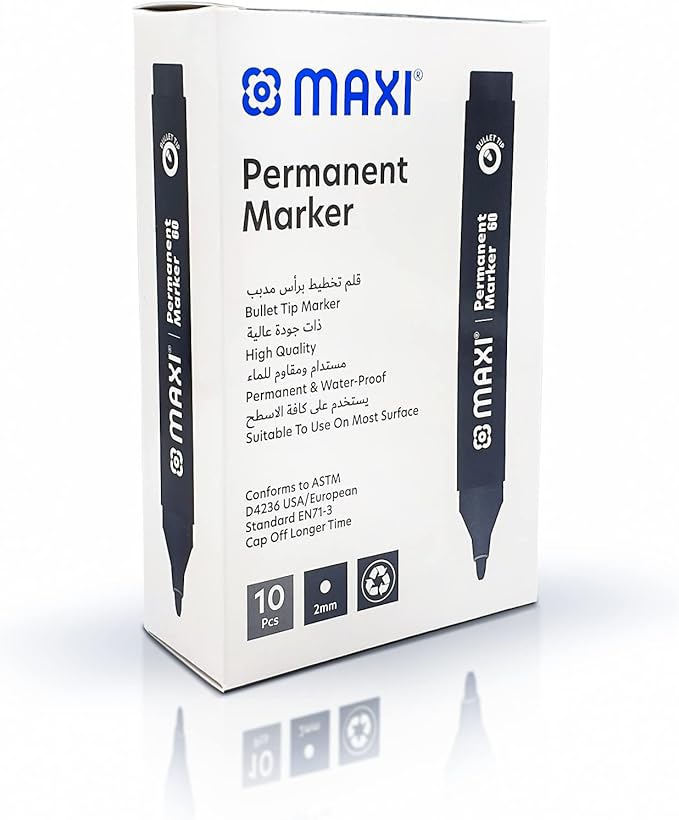Maxi Permanent Marker With Bullet Tip 10Pc Black. Suitable To Use On Most Surfaces. Mark And Write On Any Non - Porous Surface Such As Wood, Glass, Plastic, Or Cardboard. - Al Kabayel Discount CentreMaxi Permanent Marker With Bullet Tip 10Pc Black. Suitable To Use On Most Surfaces. Mark And Write On Any Non - Porous Surface Such As Wood, Glass, Plastic, Or Cardboard.Pens, Pencils & MarkersMAXIAl Kabayel Discount Centre
