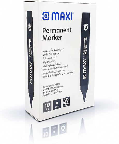 Maxi Permanent Marker With Bullet Tip 10Pc Black. Suitable To Use On Most Surfaces. Mark And Write On Any Non - Porous Surface Such As Wood, Glass, Plastic, Or Cardboard. - Al Kabayel Discount CentreMaxi Permanent Marker With Bullet Tip 10Pc Black. Suitable To Use On Most Surfaces. Mark And Write On Any Non - Porous Surface Such As Wood, Glass, Plastic, Or Cardboard.Pens, Pencils & MarkersMAXIAl Kabayel Discount Centre