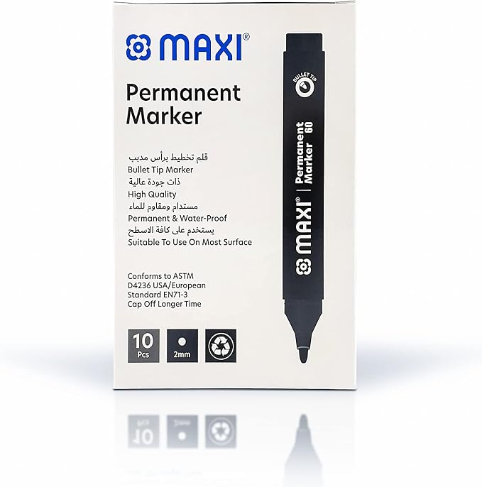 Maxi Permanent Marker With Bullet Tip 10Pc Black. Suitable To Use On Most Surfaces. Mark And Write On Any Non - Porous Surface Such As Wood, Glass, Plastic, Or Cardboard. - Al Kabayel Discount CentreMaxi Permanent Marker With Bullet Tip 10Pc Black. Suitable To Use On Most Surfaces. Mark And Write On Any Non - Porous Surface Such As Wood, Glass, Plastic, Or Cardboard.Pens, Pencils & MarkersMAXIAl Kabayel Discount Centre