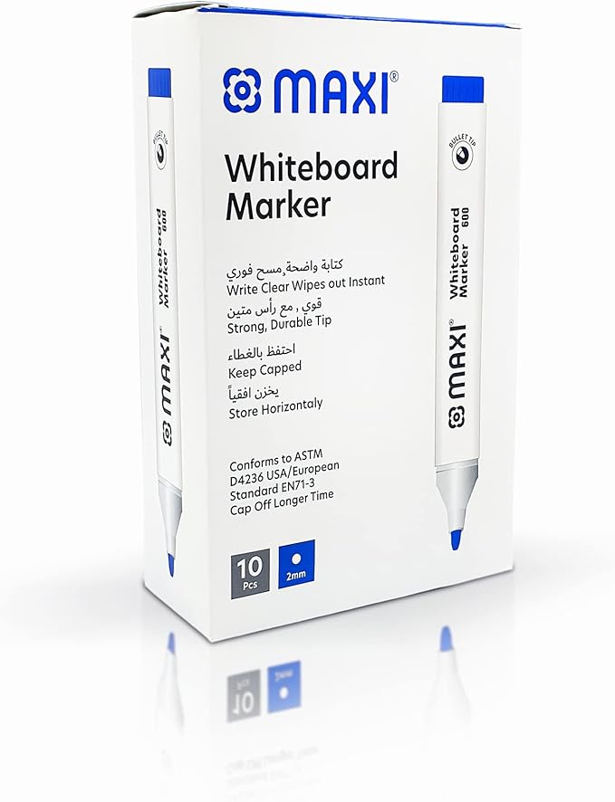 Maxi Whiteboard Marker Bullet Tip Box Of 10Pc Blue, Erasable Markers Great For Kids Adult Student, School, Home, And Office - Al Kabayel Discount CentreMaxi Whiteboard Marker Bullet Tip Box Of 10Pc Blue, Erasable Markers Great For Kids Adult Student, School, Home, And OfficePens, Pencils & MarkersMAXIAl Kabayel Discount Centre
