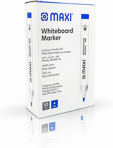 Maxi Whiteboard Marker Bullet Tip Box Of 10Pc Blue, Erasable Markers Great For Kids Adult Student, School, Home, And Office - Al Kabayel Discount CentreMaxi Whiteboard Marker Bullet Tip Box Of 10Pc Blue, Erasable Markers Great For Kids Adult Student, School, Home, And OfficePens, Pencils & MarkersMAXIAl Kabayel Discount Centre