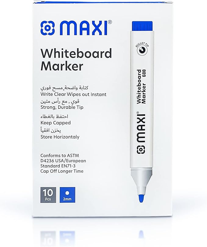 Maxi Whiteboard Marker Bullet Tip Box Of 10Pc Blue, Erasable Markers Great For Kids Adult Student, School, Home, And Office - Al Kabayel Discount CentreMaxi Whiteboard Marker Bullet Tip Box Of 10Pc Blue, Erasable Markers Great For Kids Adult Student, School, Home, And OfficePens, Pencils & MarkersMAXIAl Kabayel Discount Centre