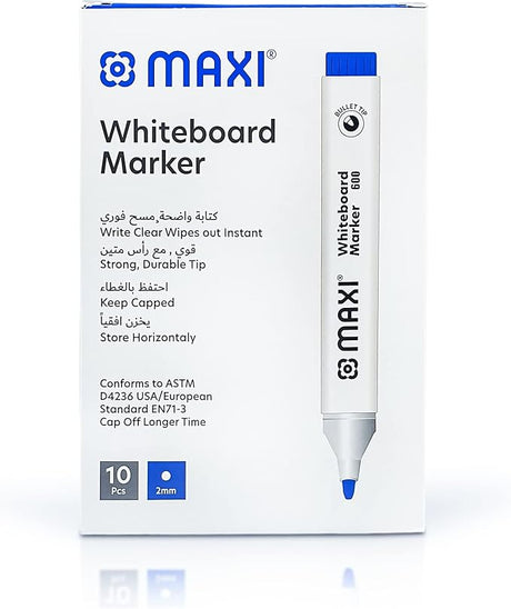 Maxi Whiteboard Marker Bullet Tip Box Of 10Pc Blue, Erasable Markers Great For Kids Adult Student, School, Home, And Office - Al Kabayel Discount CentreMaxi Whiteboard Marker Bullet Tip Box Of 10Pc Blue, Erasable Markers Great For Kids Adult Student, School, Home, And OfficePens, Pencils & MarkersMAXIAl Kabayel Discount Centre