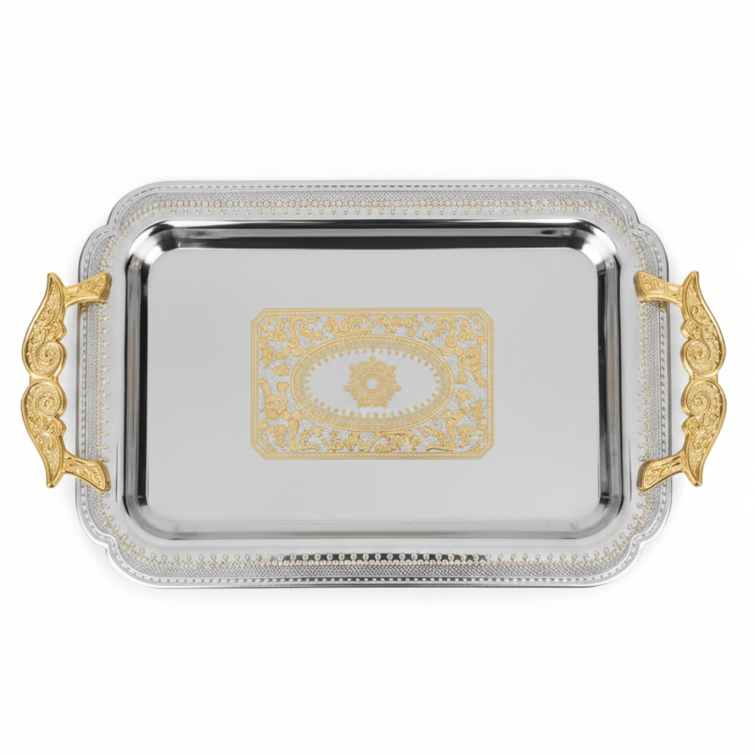 Maximan Luxury Silver & Gold Stainless Steel Serving Tray with Handles | 35.5 × 25 cm - Al Kabayel Discount CentreMaximan Luxury Silver & Gold Stainless Steel Serving Tray with Handles | 35.5 × 25 cmServing TraysMAXIMANAl Kabayel Discount Centre