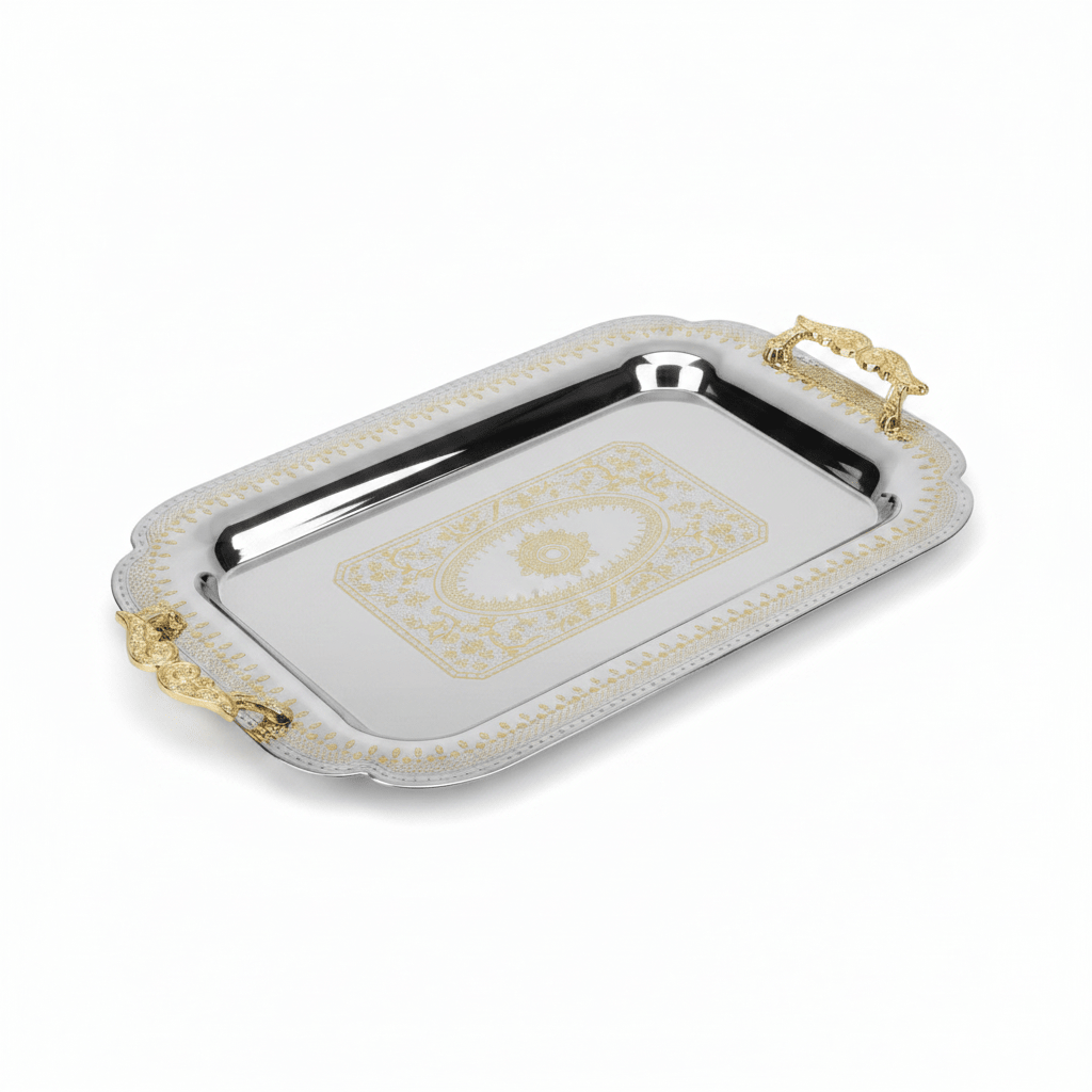 Maximan Luxury Silver & Gold Stainless Steel Serving Tray with Handles — 49×34 cm - Al Kabayel Discount CentreMaximan Luxury Silver & Gold Stainless Steel Serving Tray with Handles — 49×34 cmServing TraysMAXIMANAl Kabayel Discount Centre