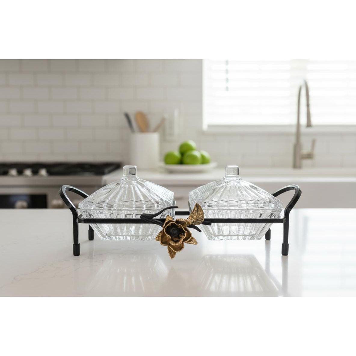 MAY FLOWER 2 - Tier Crystal Candy Pot with Black and Gold Metal Holder – Decorative Serving Dish for Sweets, Snacks, or Dry Fruits – Elegant Home Display 32x10 cm - Al Kabayel Discount CentreMAY FLOWER 2 - Tier Crystal Candy Pot with Black and Gold Metal Holder – Decorative Serving Dish for Sweets, Snacks, or Dry Fruits – Elegant Home Display 32x10 cmJars & Food SaversMAY FLOWERAl Kabayel Discount Centre