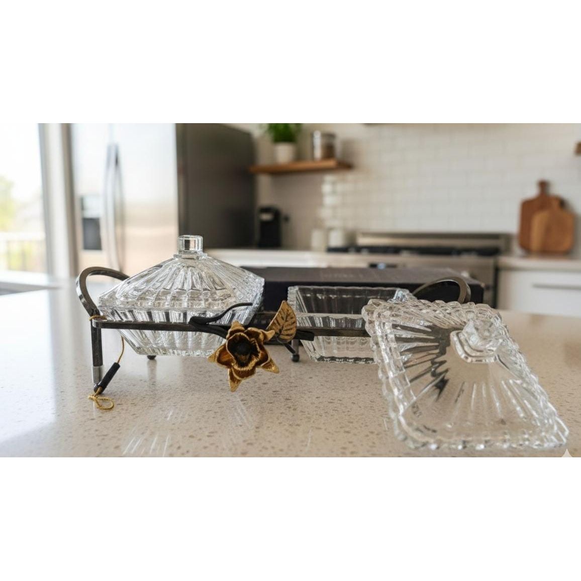 MAY FLOWER 2 - Tier Crystal Candy Pot with Black and Gold Metal Holder – Decorative Serving Dish for Sweets, Snacks, or Dry Fruits – Elegant Home Display 32x10 cm - Al Kabayel Discount CentreMAY FLOWER 2 - Tier Crystal Candy Pot with Black and Gold Metal Holder – Decorative Serving Dish for Sweets, Snacks, or Dry Fruits – Elegant Home Display 32x10 cmJars & Food SaversMAY FLOWERAl Kabayel Discount Centre