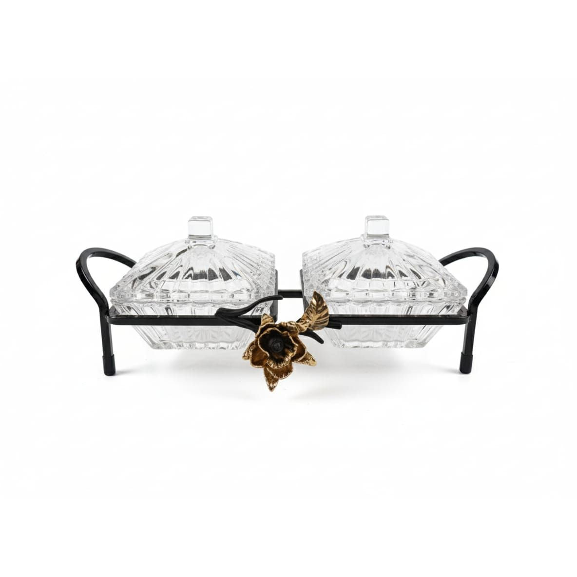 MAY FLOWER 2 - Tier Crystal Candy Pot with Black and Gold Metal Holder – Decorative Serving Dish for Sweets, Snacks, or Dry Fruits – Elegant Home Display 32x10 cm - Al Kabayel Discount CentreMAY FLOWER 2 - Tier Crystal Candy Pot with Black and Gold Metal Holder – Decorative Serving Dish for Sweets, Snacks, or Dry Fruits – Elegant Home Display 32x10 cmJars & Food SaversMAY FLOWERAl Kabayel Discount Centre