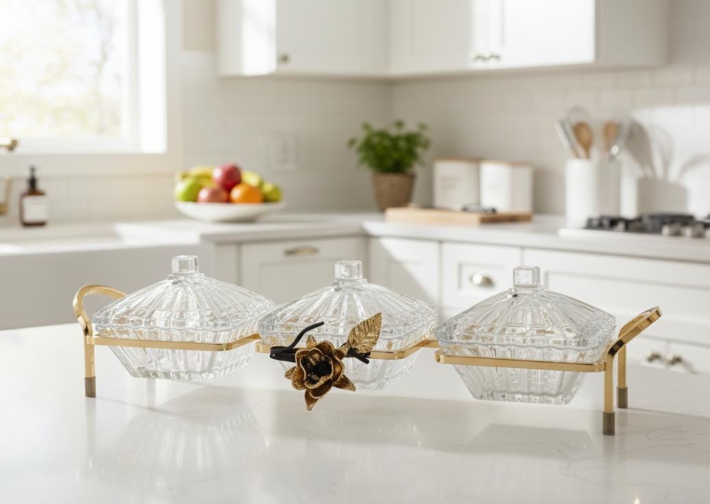 MAY FLOWER 3 - Tier Crystal Candy Pot with Gold Metal Holder – Premium Decorative Dessert and Candy Display Stand for Events, Parties, or Home Decor 47x12 cm - Al Kabayel Discount CentreMAY FLOWER 3 - Tier Crystal Candy Pot with Gold Metal Holder – Premium Decorative Dessert and Candy Display Stand for Events, Parties, or Home Decor 47x12 cmJars & Food SaversMAY FLOWERAl Kabayel Discount Centre