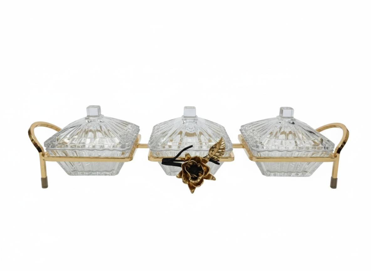 MAY FLOWER 3 - Tier Crystal Candy Pot with Gold Metal Holder – Premium Decorative Dessert and Candy Display Stand for Events, Parties, or Home Decor 47x12 cm - Al Kabayel Discount CentreMAY FLOWER 3 - Tier Crystal Candy Pot with Gold Metal Holder – Premium Decorative Dessert and Candy Display Stand for Events, Parties, or Home Decor 47x12 cmJars & Food SaversMAY FLOWERAl Kabayel Discount Centre