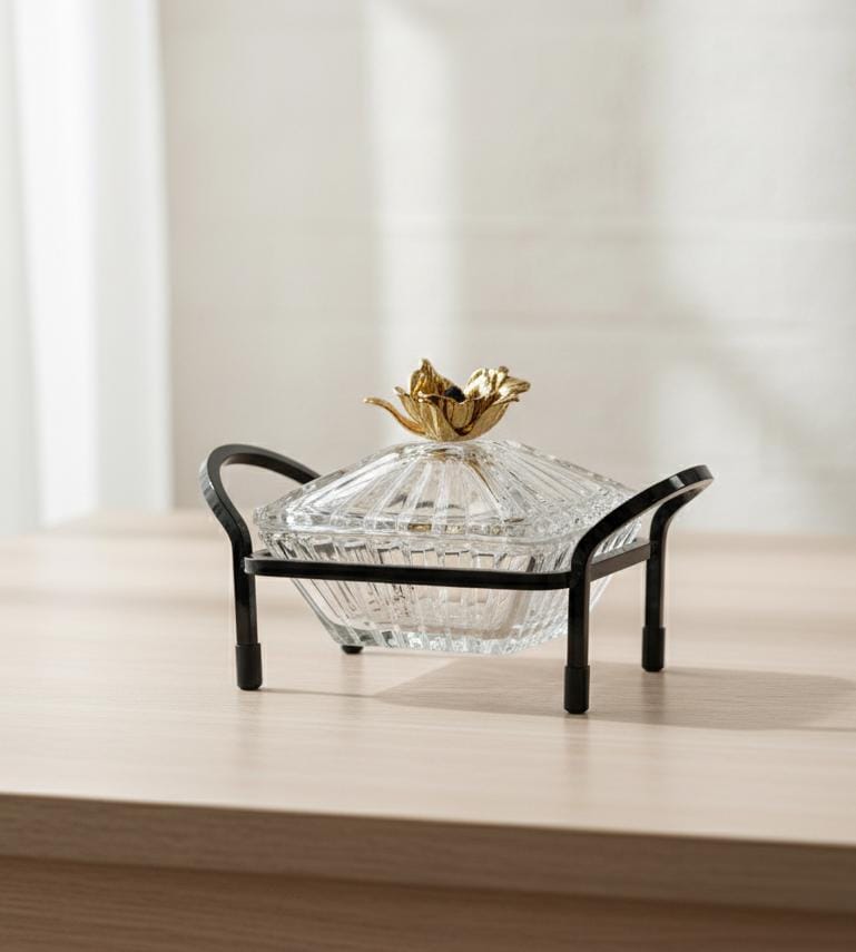 MAY FLOWER Crystal Candy Pot with Black and Gold Metal Holder – Decorative Jar for Sweets, Dry Fruits, or Chocolate – Luxury Table Centerpiece 20x12 cm - Al Kabayel Discount CentreMAY FLOWER Crystal Candy Pot with Black and Gold Metal Holder – Decorative Jar for Sweets, Dry Fruits, or Chocolate – Luxury Table Centerpiece 20x12 cmJars & Food SaversMAY FLOWERAl Kabayel Discount Centre