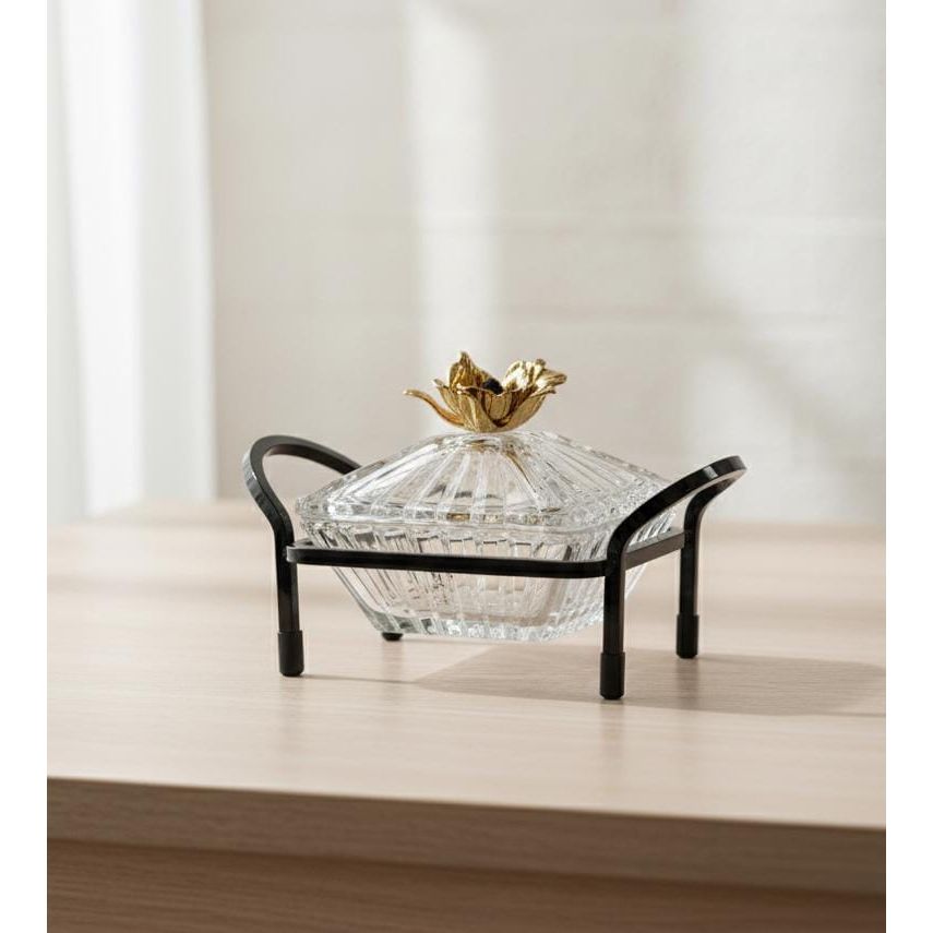 MAY FLOWER Crystal Candy Pot with Black and Gold Metal Holder – Decorative Jar for Sweets, Dry Fruits, or Chocolate – Luxury Table Centerpiece 20x12 cm - Al Kabayel Discount CentreMAY FLOWER Crystal Candy Pot with Black and Gold Metal Holder – Decorative Jar for Sweets, Dry Fruits, or Chocolate – Luxury Table Centerpiece 20x12 cmJars & Food SaversMAY FLOWERAl Kabayel Discount Centre