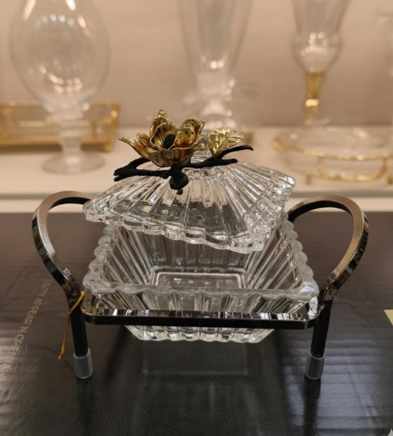 MAY FLOWER Crystal Candy Pot with Black and Gold Metal Holder – Decorative Jar for Sweets, Dry Fruits, or Chocolate – Luxury Table Centerpiece 20x12 cm - Al Kabayel Discount CentreMAY FLOWER Crystal Candy Pot with Black and Gold Metal Holder – Decorative Jar for Sweets, Dry Fruits, or Chocolate – Luxury Table Centerpiece 20x12 cmJars & Food SaversMAY FLOWERAl Kabayel Discount Centre
