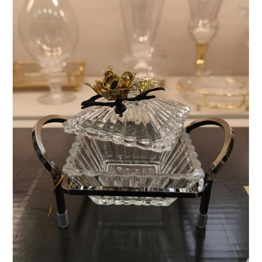 MAY FLOWER Crystal Candy Pot with Black and Gold Metal Holder – Decorative Jar for Sweets, Dry Fruits, or Chocolate – Luxury Table Centerpiece 20x12 cm - Al Kabayel Discount CentreMAY FLOWER Crystal Candy Pot with Black and Gold Metal Holder – Decorative Jar for Sweets, Dry Fruits, or Chocolate – Luxury Table Centerpiece 20x12 cmJars & Food SaversMAY FLOWERAl Kabayel Discount Centre