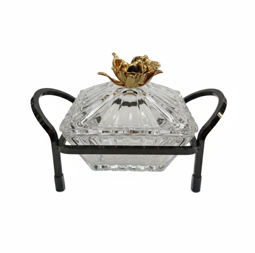 MAY FLOWER Crystal Candy Pot with Black and Gold Metal Holder – Decorative Jar for Sweets, Dry Fruits, or Chocolate – Luxury Table Centerpiece 20x12 cm - Al Kabayel Discount CentreMAY FLOWER Crystal Candy Pot with Black and Gold Metal Holder – Decorative Jar for Sweets, Dry Fruits, or Chocolate – Luxury Table Centerpiece 20x12 cmJars & Food SaversMAY FLOWERAl Kabayel Discount Centre