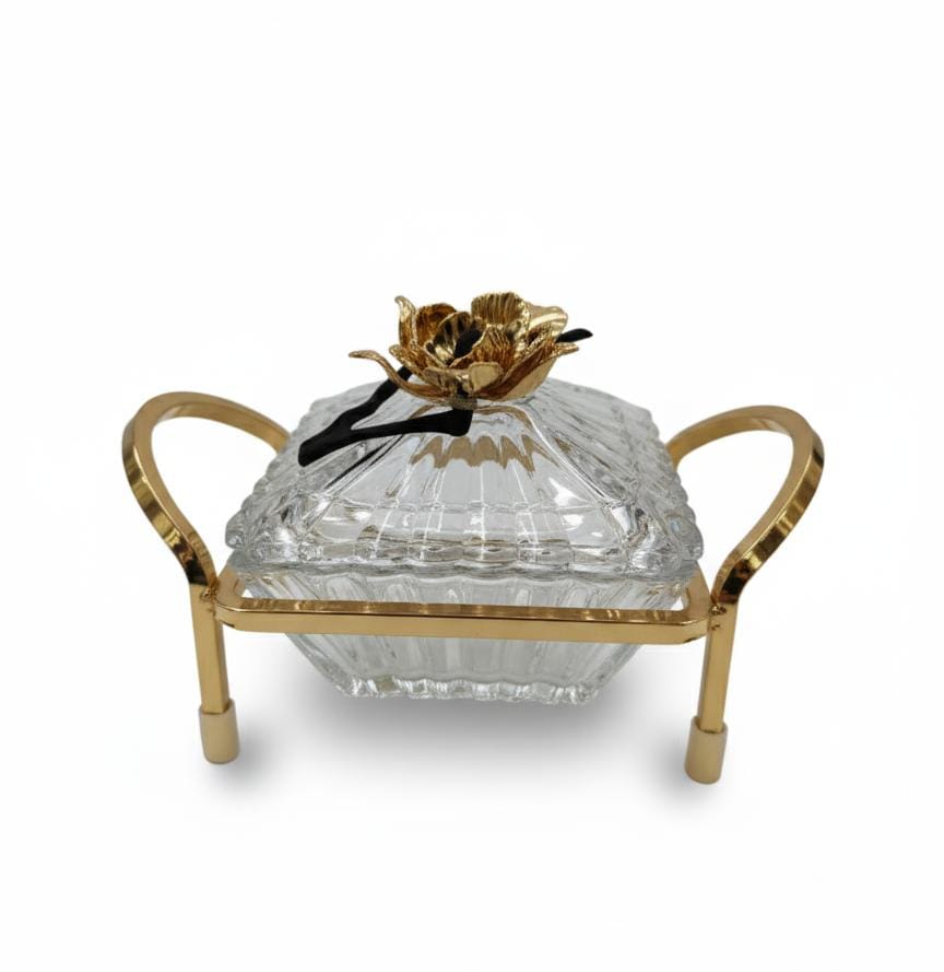 MAY FLOWER Crystal Candy Pot with Gold Metal Holder – Decorative Storage Pot for Candies, Nuts, and Dry Fruits – Premium Home Decor 20x12 cm - Al Kabayel Discount CentreMAY FLOWER Crystal Candy Pot with Gold Metal Holder – Decorative Storage Pot for Candies, Nuts, and Dry Fruits – Premium Home Decor 20x12 cmJars & Food SaversMAY FLOWERAl Kabayel Discount Centre