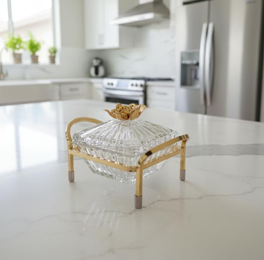 MAY FLOWER Crystal Candy Pot with Gold Metal Holder – Decorative Storage Pot for Candies, Nuts, and Dry Fruits – Premium Home Decor 20x12 cm - Al Kabayel Discount CentreMAY FLOWER Crystal Candy Pot with Gold Metal Holder – Decorative Storage Pot for Candies, Nuts, and Dry Fruits – Premium Home Decor 20x12 cmJars & Food SaversMAY FLOWERAl Kabayel Discount Centre