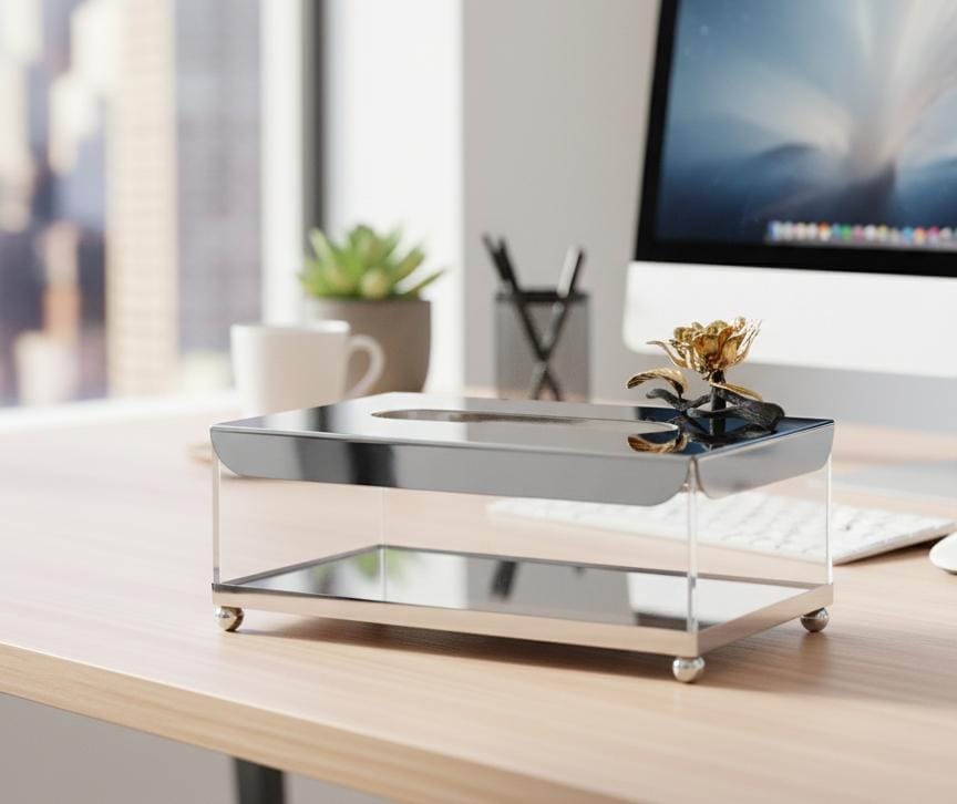 MAY FLOWER Luxury Metallic Tissue Box – Silver with Gold Finish Elegant Design – Stylish Tissue Holder for Living Room, Office, or Vanity Table - Al Kabayel Discount CentreMAY FLOWER Luxury Metallic Tissue Box – Silver with Gold Finish Elegant Design – Stylish Tissue Holder for Living Room, Office, or Vanity TableHome Décor AccentsMAY FLOWERAl Kabayel Discount Centre