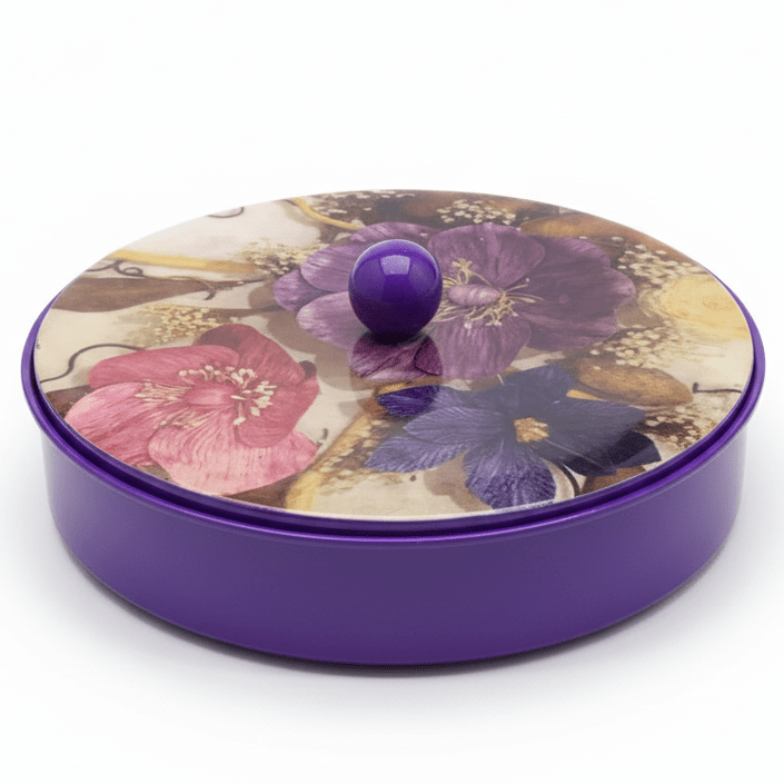 May Flower Premium Round Purple Candy Box with Ornate Lid for Luxury Table Presentation – 20cm - Al Kabayel Discount CentreMay Flower Premium Round Purple Candy Box with Ornate Lid for Luxury Table Presentation – 20cmJars & Food SaversMAY FLOWERAl Kabayel Discount Centre