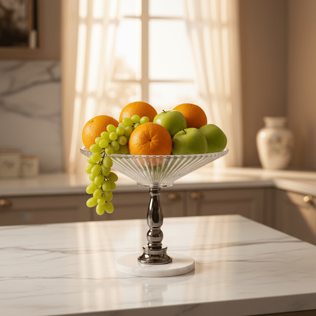May Flower Round Glass Fruit Bowl with Marble Ceramic Base | 30×30 cm | Premium Home Centerpiece Description: - Al Kabayel Discount CentreMay Flower Round Glass Fruit Bowl with Marble Ceramic Base | 30×30 cm | Premium Home Centerpiece Description:BowlsMAY FLOWERAl Kabayel Discount Centre