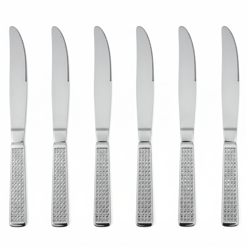 May Flower Stainless Steel Dinner Knife Set (6 pcs) with Diamond Pattern Grip Handle – Premium Cutlery 20 cm - Al Kabayel Discount CentreMay Flower Stainless Steel Dinner Knife Set (6 pcs) with Diamond Pattern Grip Handle – Premium Cutlery 20 cmSpatulas And SpoonsMAY FLOWERAl Kabayel Discount Centre