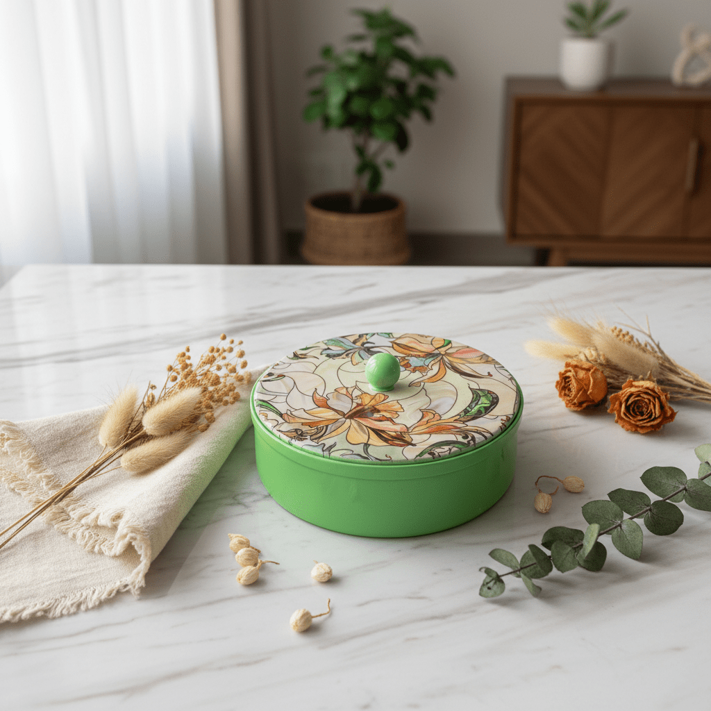 May Flower Stylish Round Green Candy Box with Lid for Snacks & Dry Fruit Storage – 20cm - Al Kabayel Discount CentreMay Flower Stylish Round Green Candy Box with Lid for Snacks & Dry Fruit Storage – 20cmJars & Food SaversMAY FLOWERAl Kabayel Discount Centre