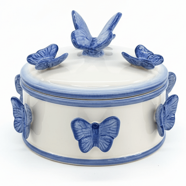 May Flower White Ceramic Candy Pot with Blue Butterfly Design Compact Storage Jar 15x8cm - Al Kabayel Discount CentreMay Flower White Ceramic Candy Pot with Blue Butterfly Design Compact Storage Jar 15x8cmJars & Food SaversMAY FLOWERAl Kabayel Discount Centre