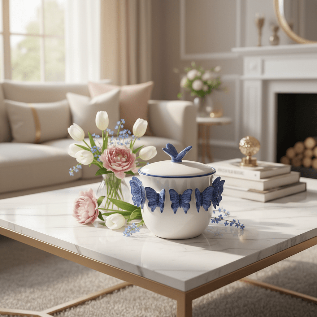 May Flower White Ceramic Candy Pot with Blue Butterfly Design Decorative Storage Jar 20cm - Al Kabayel Discount CentreMay Flower White Ceramic Candy Pot with Blue Butterfly Design Decorative Storage Jar 20cmJars & Food SaversMAY FLOWERAl Kabayel Discount Centre