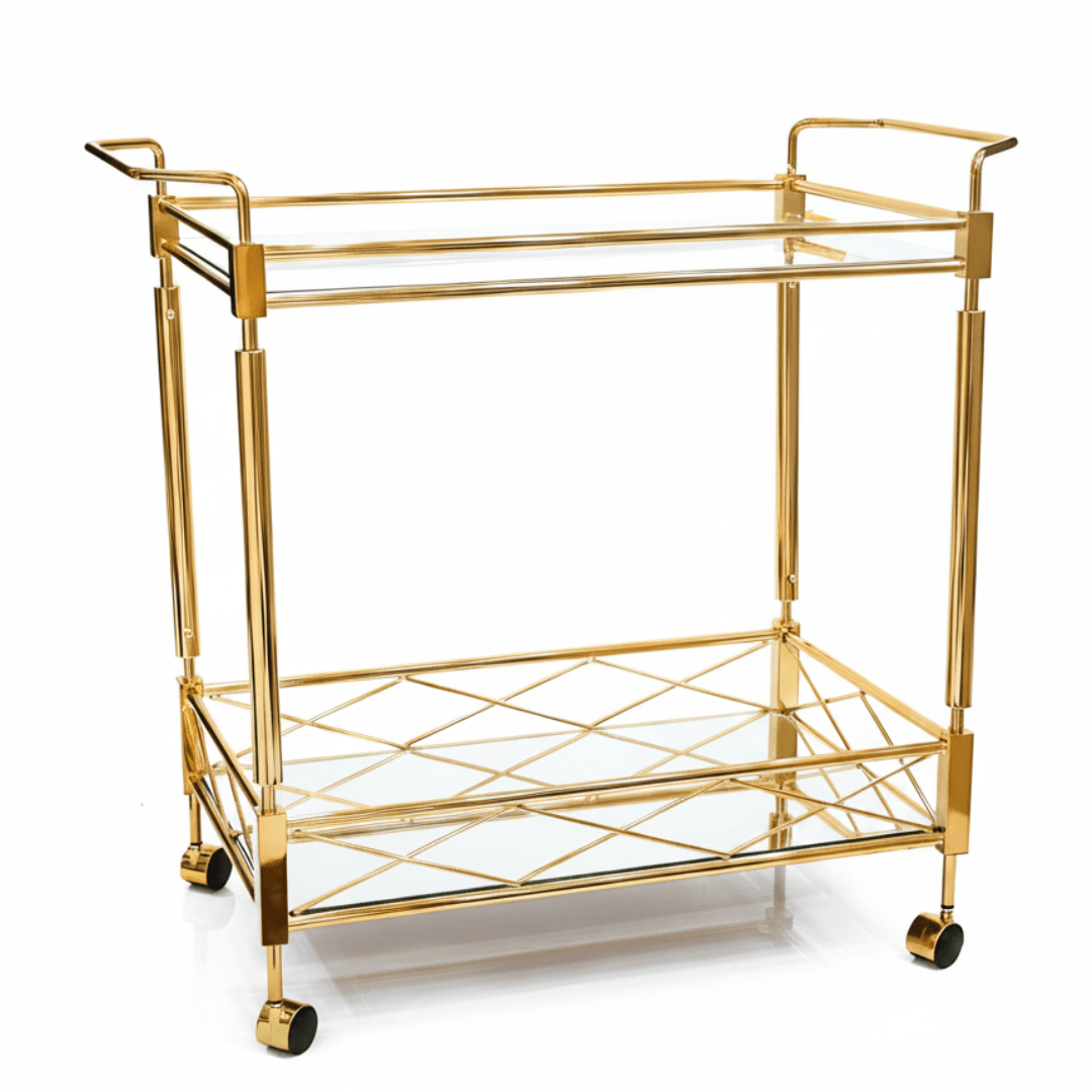 MayFlower 2-Tier Gold Metal & Glass Serving Trolley | Luxury Cart with Diamond Lattice Shelf & Caster Wheels | 70×65×40 cm | - Al Kabayel Discount CentreMayFlower 2-Tier Gold Metal & Glass Serving Trolley | Luxury Cart with Diamond Lattice Shelf & Caster Wheels | 70×65×40 cm |Organizers & AccessoriesMAYFLOWERAl Kabayel Discount Centre