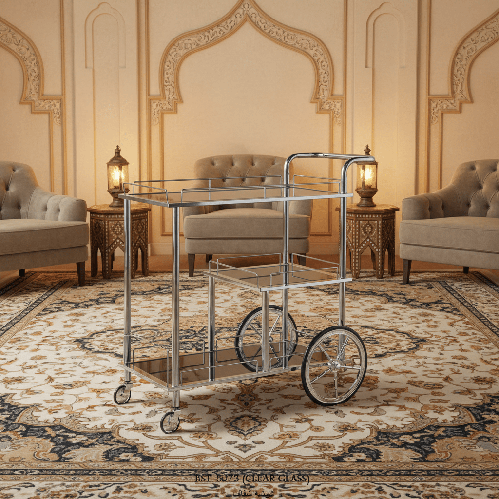 MayFlower 3-Tier Silver Chrome Metal & Clear Glass Serving Trolley Bar Cart | Rolling Hospitality Cart with Spoked Wheels | 77cm × 75cm × 40cm | - Al Kabayel Discount CentreMayFlower 3-Tier Silver Chrome Metal & Clear Glass Serving Trolley Bar Cart | Rolling Hospitality Cart with Spoked Wheels | 77cm × 75cm × 40cm |Organizers & AccessoriesMAYFLOWERAl Kabayel Discount Centre